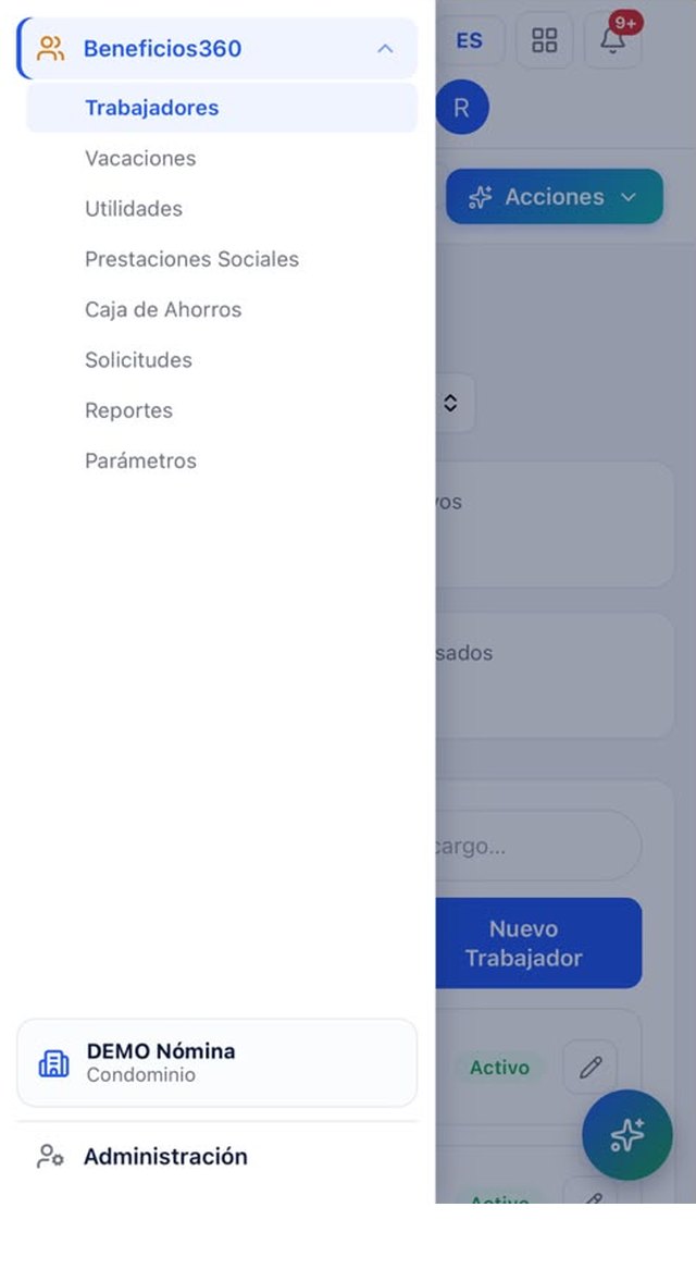 Menú de Beneficios360: trabajadores, vacaciones, utilidades, prestaciones, caja de ahorros, solicitudes, reportes y parámetros