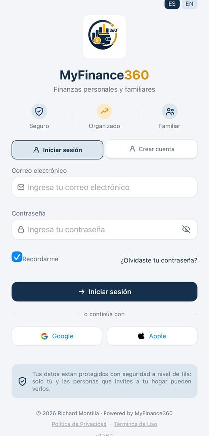 Acceso Seguro: Correo, Google o Apple, en español o inglés.