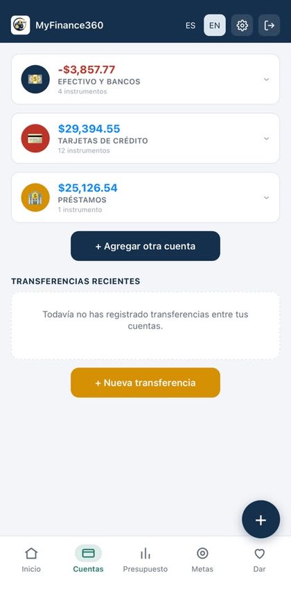 Cuentas: Efectivo, bancos, tarjetas de crédito y préstamos.