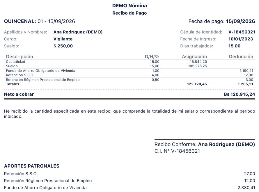 Recibo de pago quincenal con asignaciones, deducciones y neto a cobrar