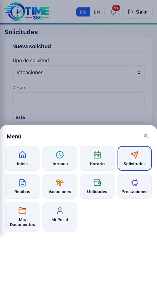 Menú del portal: jornada, horario, solicitudes, recibos, vacaciones, utilidades, prestaciones, documentos y perfil